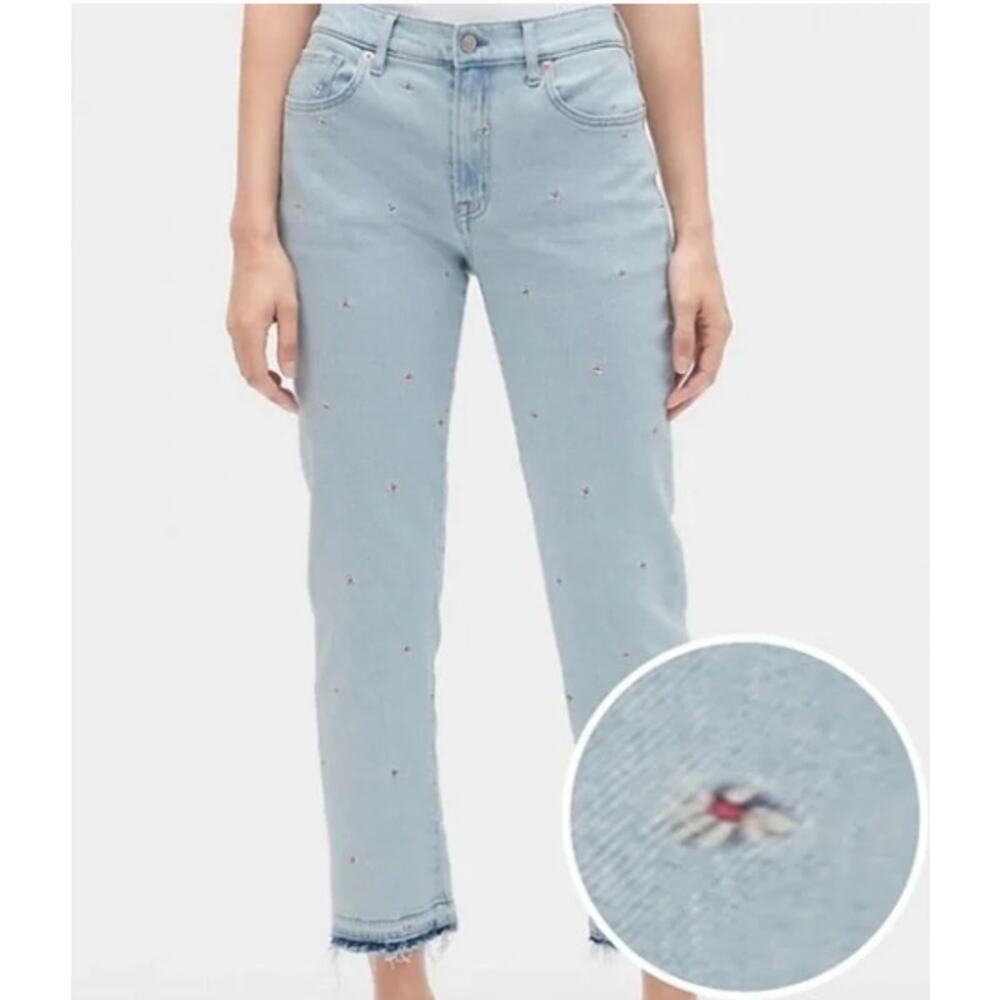 GAP Light Wash Floral Embroidered Girlfriend’s Jeans Women Sz 16/33 - Picture 1 of 14